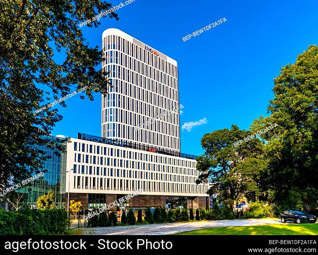 Warsaw, Poland - August 12, 2021: Plac Unii office and shopping center at Pulawska street and Unii Lubelskiej square in Mokotow district