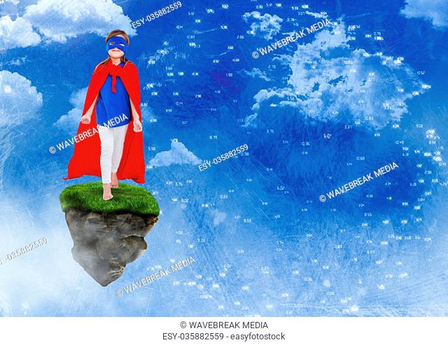 Young Girl superhero on floating rock platform in sky with connectors interface