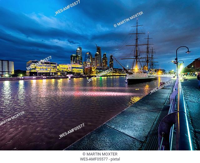 Argentina, Buenos Aires, Puerto Madero, Dock Sud, Frigate Sarmiento at night