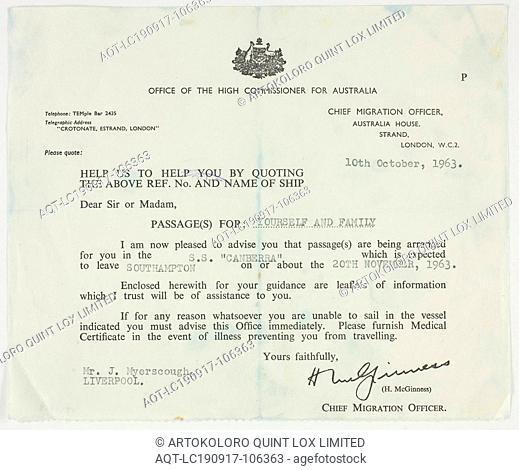 Letter - Passage Arrangements, Myerscough, 1963, Notice issued by the Office of the High Commissioner for Australia on 10/10/1963 to John Myerscough in...
