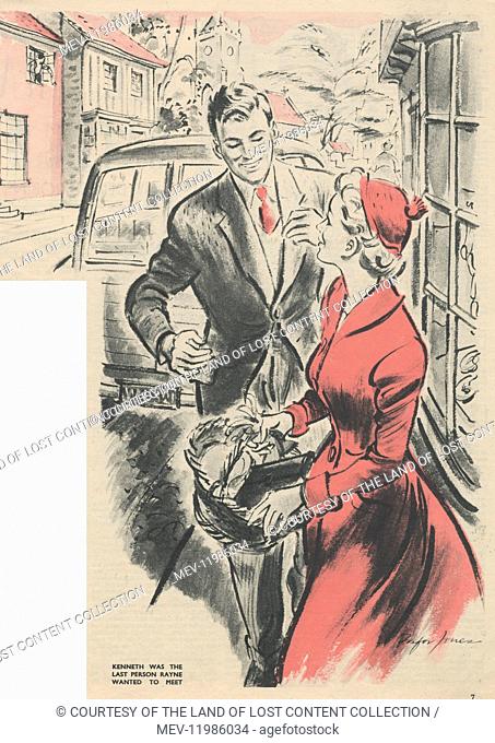 womans illustrated 27-3-54 - tricolour, illus, woman, shopping basket, man, in street, rear of estate car.