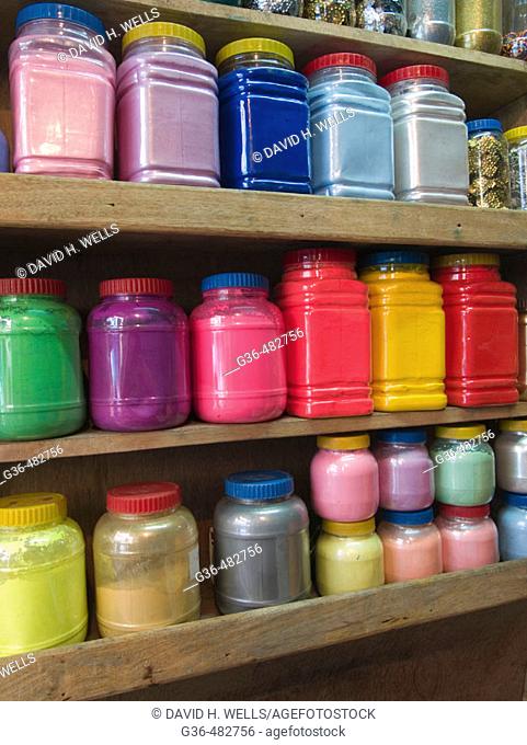 Colored powder (for Hindu ritual use) for sale in a market in Dhaka, Bangladesh