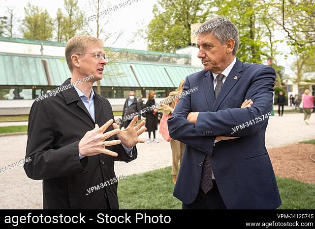 Estonian minister of culture Tiit Terik and Flemish Minister President Jan Jambon pictured during the official opening of the Belgian pavilion at the 59th...