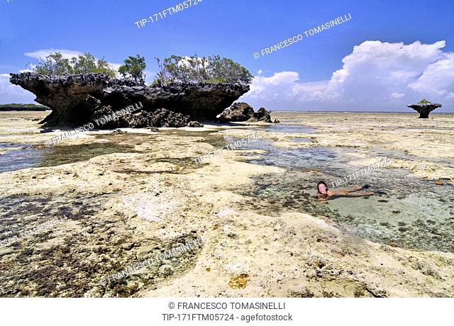 Africa, Mozambique, Quirimbas national Park, Quisiva Island, huge mushroom-like rock formation created by tide and swimmer on low tide