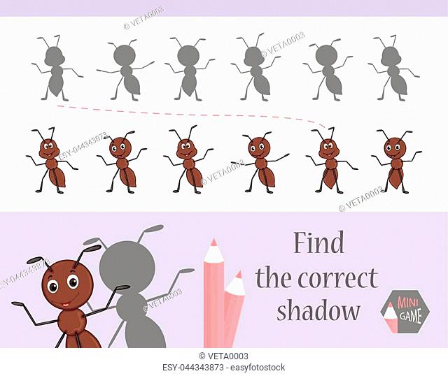 Find the correct shadow, education game for children. Cute Cartoon animals and Nature. vector illustration. ant