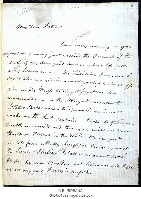 Letter of Lord Nelson Whole folio Autograph letter of Lord Nelson to his father the Rev. Edmund Nelson concerning the death of his uncle Maurice Suckling...