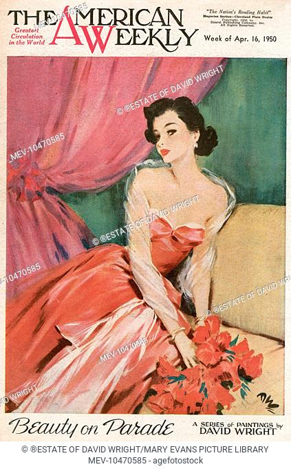 Elegant woman with black hair, wearing a low-cut rose pink evening dress with a transparent muslin scarf round her shoulders and arms