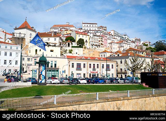 Coimbra city view with European Union EU flag, in Portugal