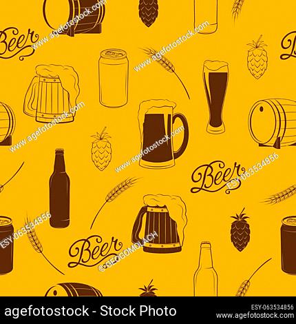 Vector seamless pattern with beer icons. Background for use in design, web site, packing, textile, fabric