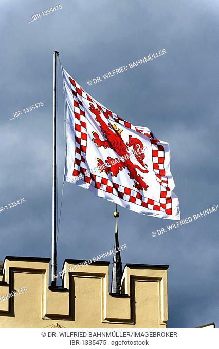 Flag of the town on the Brucktor, bridge gate, Wasserburg upon the river Inn, Upper Bavaria, Germany, Europe