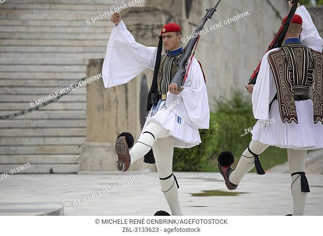 The changing of the guard in Athens Greece at the Tomb of the Unknown Soldier in Syntagma Square