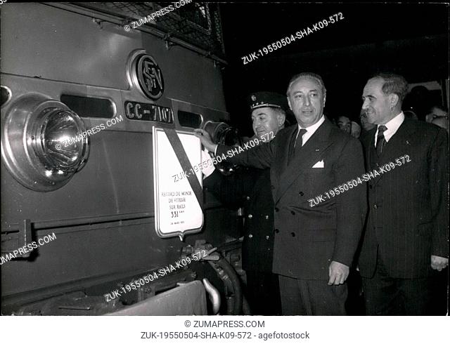 May 4, 1955 - Blue ribbon for French locomotives General Corniglion-Molinnier, Minister of Public Works and Transport, showing the blue ribbon awarded to the...