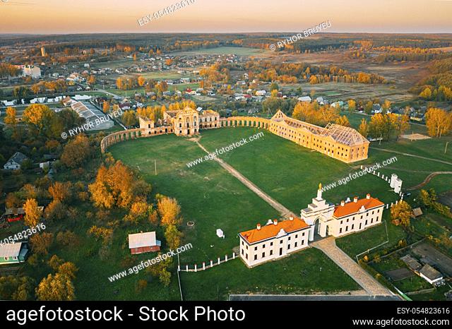 Ruzhany, Brest Region, Belarus. Cityscape Skyline In Autumn Sunny Evening. Bird's-eye View Of Ruzhany Palace. Famous Popular Historic Landmark