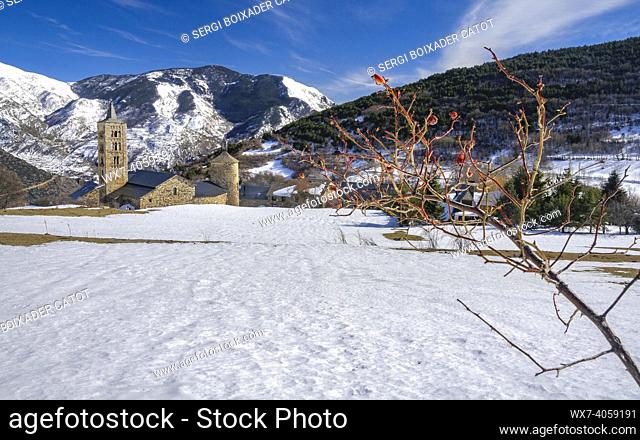 Romanesque church of Sant Just and Sant Pastor in Son, snowy, on a winter morning (Pallars SobriÃ , Lleida, Catalonia, Spain, Pyrenees)