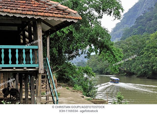 house on stilts, ferryboat to reach the villages of Ba Be Lake, Bac Kan province, Northern Vietnam, southeast asia