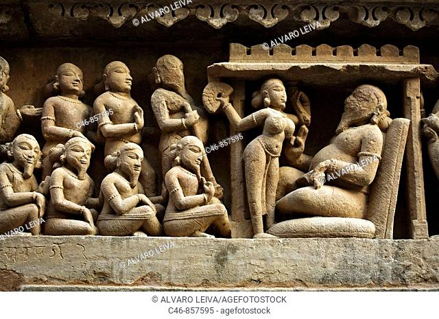 Erotic sculptures on Lakshmana Temple (dedicated to Vishnu is built by chandella ruler Vasovarman Between 930-950 AD), Khajuraho, Madhya Pradesh, India