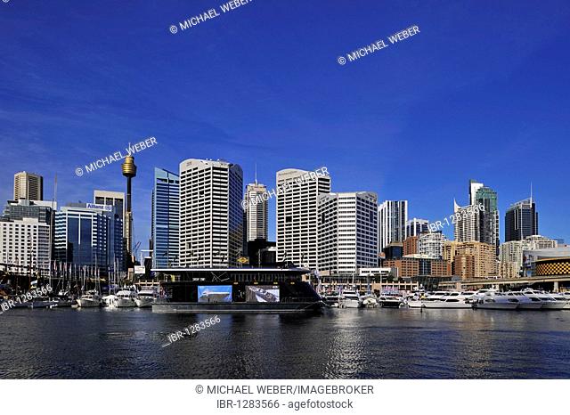 View from Darling Harbour towards Sydney Tower or Centrepoint Tower and the skyline of the Central Business District, Sydney, New South Wales, Australia
