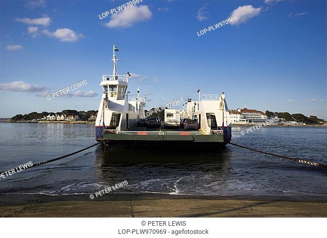 England, Dorset, Poole, The Sandbanks Ferry leaving Shell Bay to cross the mouth of Poole Harbour on its way to Studland