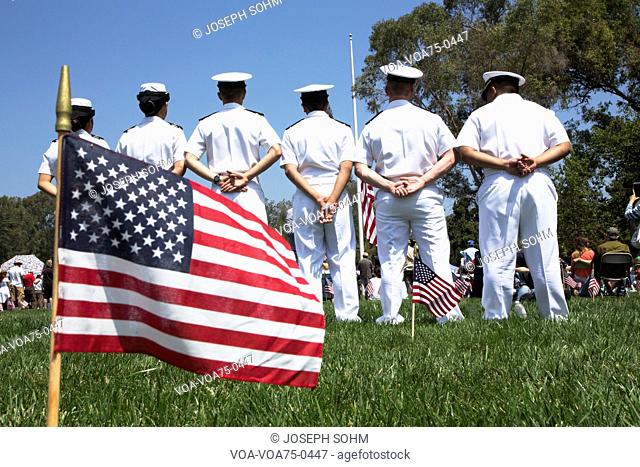 US Navy standing at ease at Los Angeles National Cemetery Annual Memorial Event, May 26, 2014, California, USA