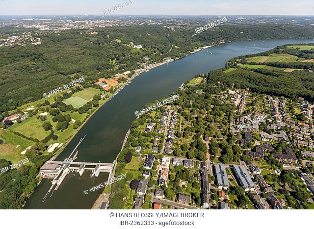 Aerial view, Lake Baldeneysee with a weir, Essen-Werden, Essen, Ruhr region, North Rhine-Westphalia, Germany, Europe