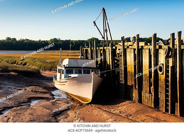 Fishing boat stranded on the mud flats at low tide in Minas Basin. Bay of Fundy. Delhaven, Nova Scotia. Canada