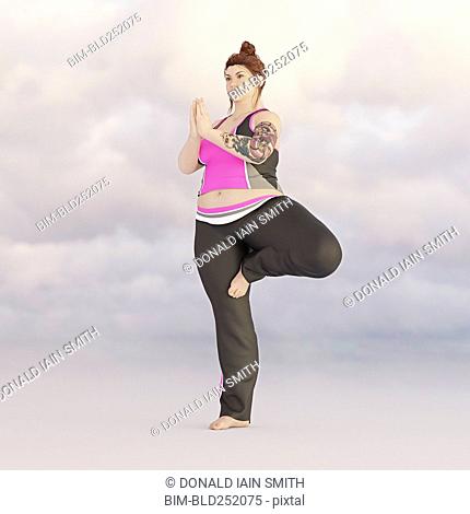 Overweight woman performing yoga in sky