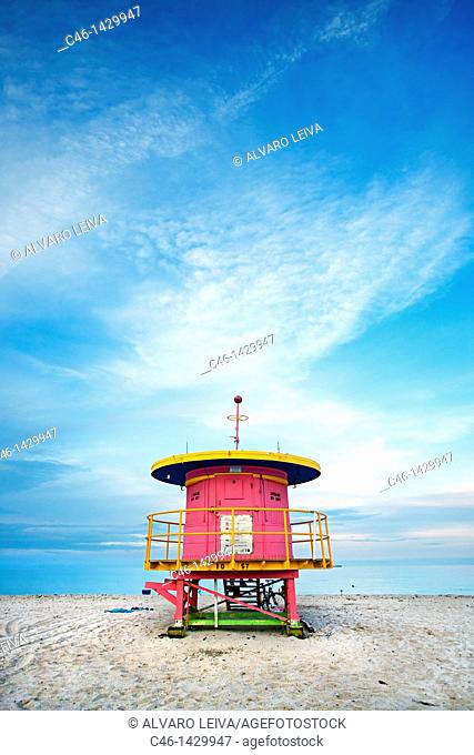 Lifeguard stand in South Beach, Art deco district, Miami beach, Florida, USA