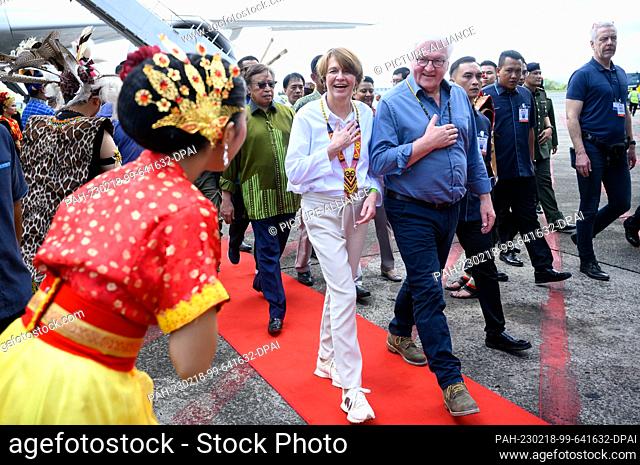 18 February 2023, Malaysia, Kuching: German President Frank-Walter Steinmeier and his wife Elke Büdenbender arrive at Kuching International Airport on the...