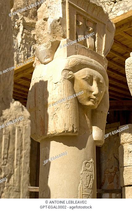 STATUE OF HATHOR, QUEEN HATSHEPSUT’S FUNERARY TEMPLE IN DEIR EL-BAHRI, SPEOS, BUILT AT THE FOOT OF THE WEST FACE OF THE THEBAN MOUNTAIN ON THREE TERRACES