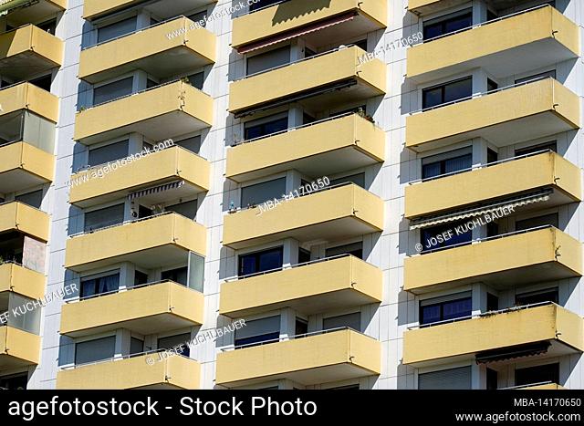 germany, bavaria, upper franconia, bamberg, residential complex, block of flats, yellow balconies, detail