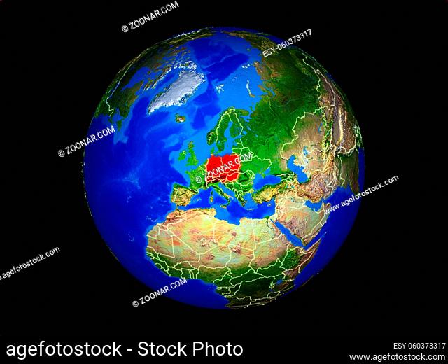 Central Europe on planet planet Earth with country borders. Extremely detailed planet surface. 3D illustration. Elements of this image furnished by NASA