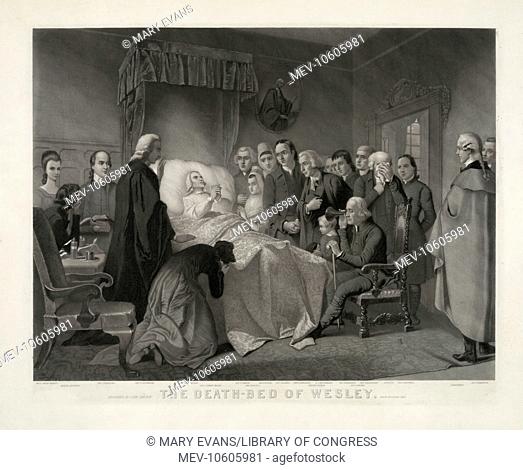 The death-bed of Wesley. Print showing deathbed scene of Reverend John Wesley. Those attending Wesley are, from l. to right as listed on the print