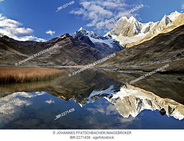 Mountain reflection in Laguna Mitucocha, Cordillera Huayhuash, Peru, South America