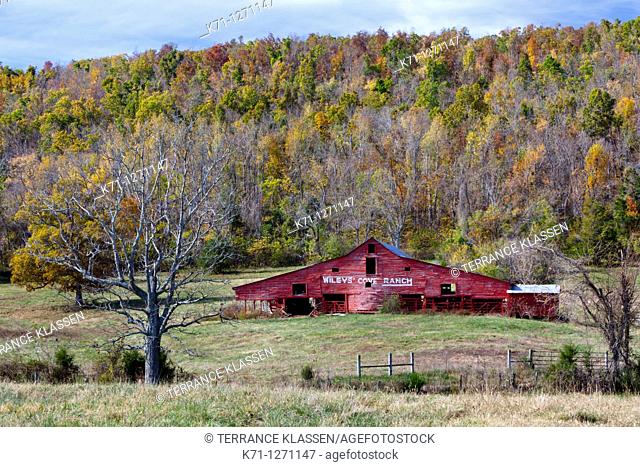 A barn at Riley's Cove Ranch in rural Arkansas, USA
