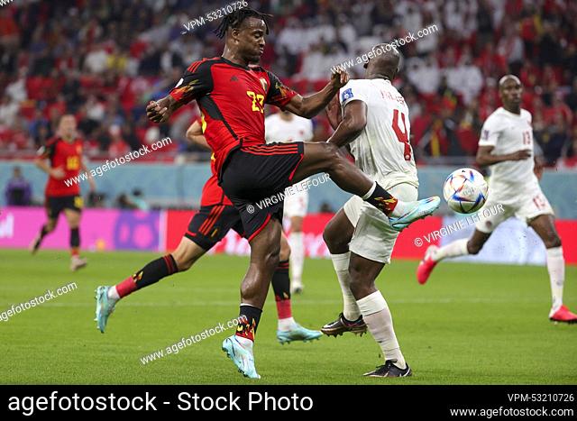 Belgium's Michy Batshuayi and Canadian Kamal Miller pictured in action during a soccer game between Belgium's national team the Red Devils and Canada
