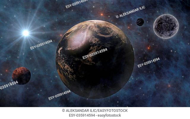 Planet Earth, The Sun, The Moon and Planets In Space 3D Rendering