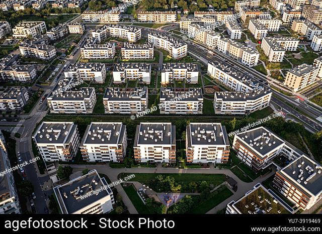 Aerial view of newly built houses in Siekierki neighborhood in the Mokotow district of Warsaw city, Poland