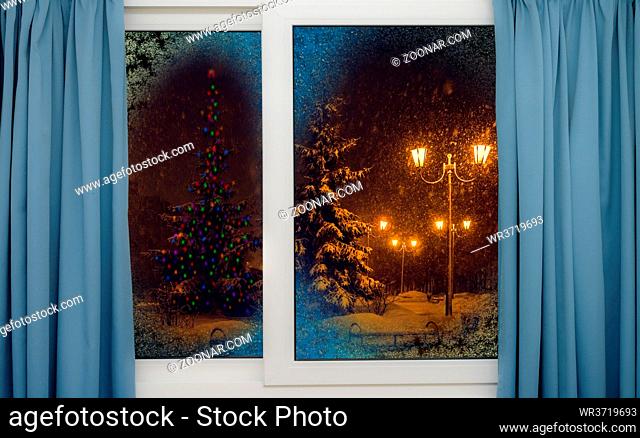 frozen window view frosty winter snowy magic night before christmas