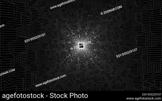 White wireframe tunnel on black background. 3d rendering