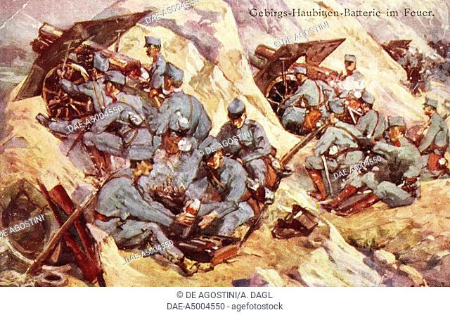 Gebirgs-Haubitzen Feuer im-Batteries (Battery of heavy artillery from the mountains during a battle), Austrian propaganda postcard