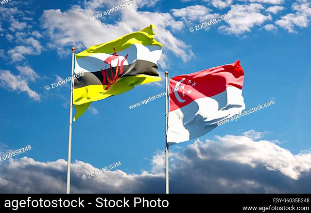 Beautiful national state flags of Singapore and Brunei together at the sky background. 3D artwork concept