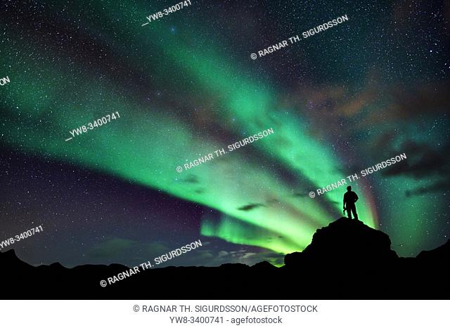 Photographer and Aurora Borealis, Lake Myvatn, Iceland