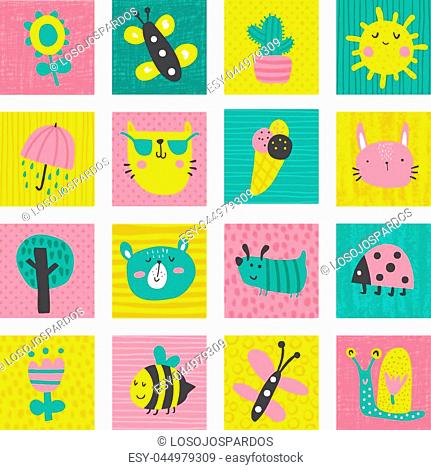 vector set of funny children cards with cute characters