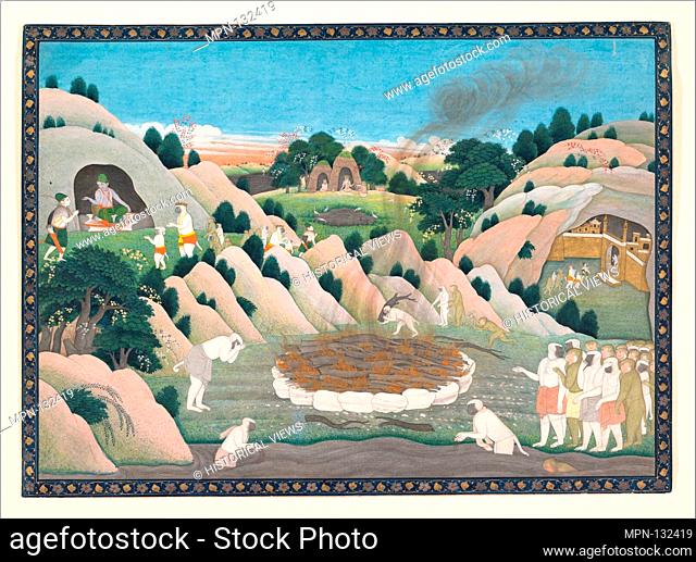 The Monkey King Vali's Funeral Pyre. Date: ca. 1780; Culture: India (Himachal Pradesh, Kangra); Medium: Ink, opaque watercolor, silver