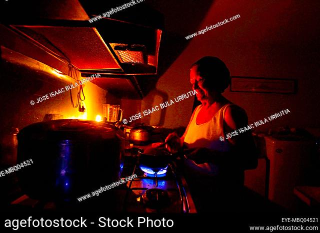Maracaibo-Venezuela-02-05-2016- Adela Ricovery, kitchen lit by ligthing a candle during a power outage in the city of Maracaibo, capital of the oil state Zulia