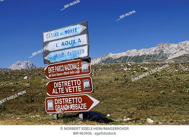 Mt. Gran Sasso and direction signs, Campo Imperatore, Abruzzo, Italy, Europe