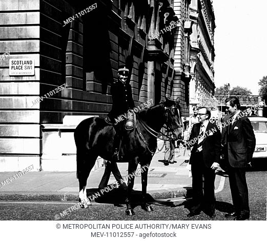 Woman police officer (Marion Hatton) on horseback near Scotland Place, London SW1. Women were appointed to the Mounted Branch in 1970
