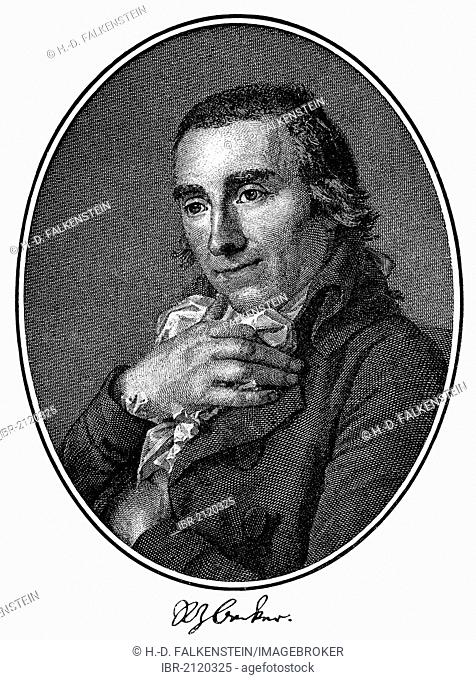 Historical print, engraving, 1799, portrait of Rudoph Zacharias Becker, 1752-1822, German folk writer, teacher, journalist and book publisher of the...