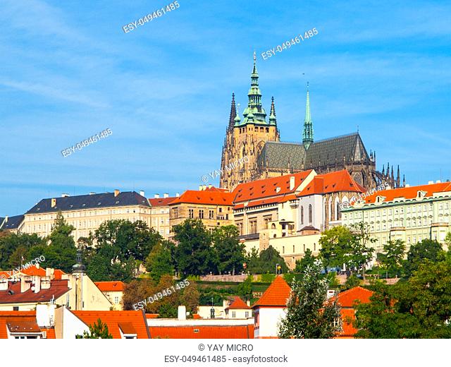 Prague Castle with Saint Vitus Cathedral on sunny summer day, Prague, Czech Republic
