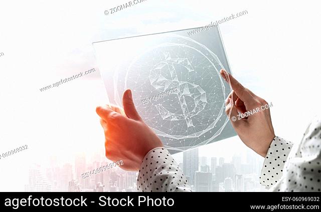 Businesswoman works with futuristic interface. Virtual geometric graphics with plexus effect and digital hologram. Double exposure concept of internet network...
